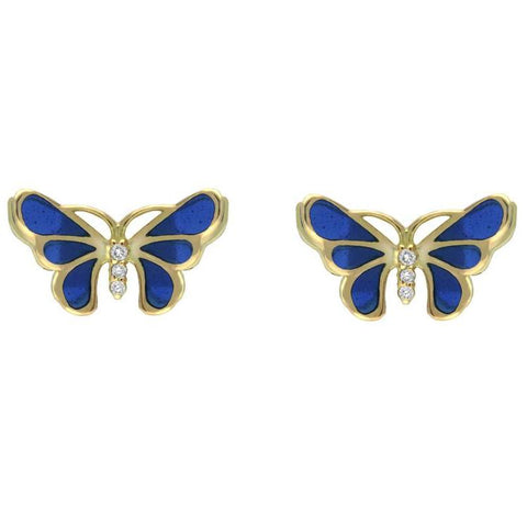 18ct Yellow Gold Diamond Blue Enamel House Style Butterfly Stud Earrings E2216