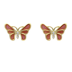 18ct Yellow Gold Diamond Red Enamel House Style Butterfly Stud Earrings E2217