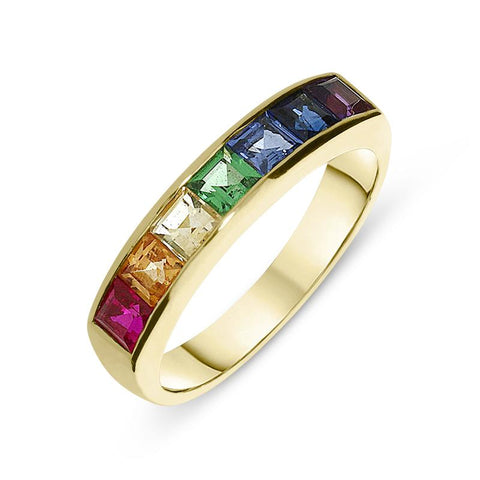 18ct Yellow Gold Rainbow Sapphire Princess Cut Half Eternity Ring, PJW-215.