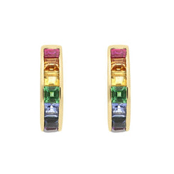 18ct Yellow Gold Rainbow Sapphire Princess Cut Curved Stud Earrings, PJW-067.