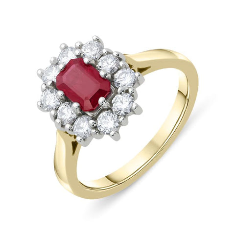 18ct Yellow Gold Ruby and Diamond Emerald Cut Cluster Ring. FEU-1277.