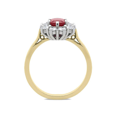 18ct Yellow Gold Ruby and Diamond Emerald Cut Cluster Ring. FEU-1277.