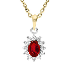 18ct Yellow Gold Ruby and Diamond Oval Cluster Necklace FEU-409