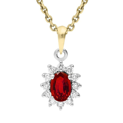 18ct Yellow Gold Ruby and Diamond Oval Cluster Necklace FEU-409