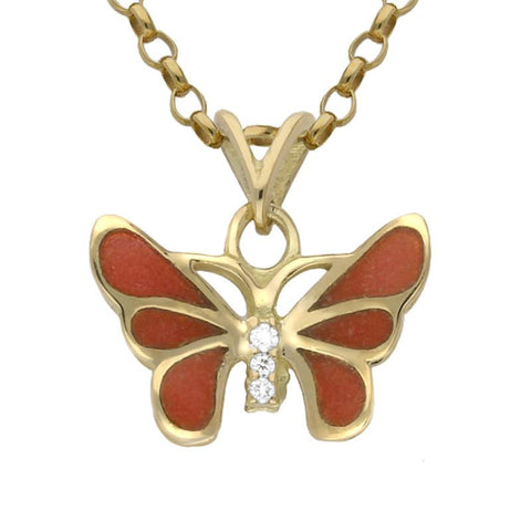 18ct Yellow Gold Diamond Red Enamel House Style Butterfly Necklace P2940