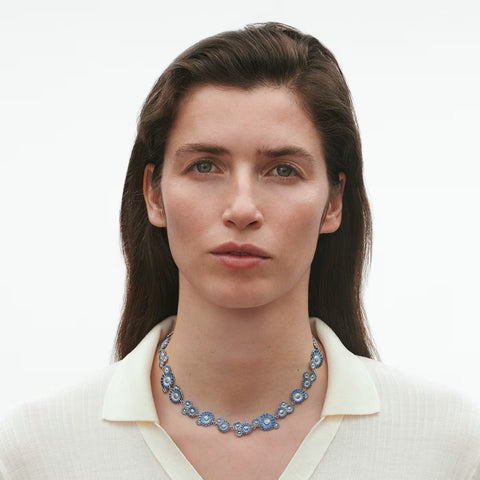 Georg Jensen Daisy Rhodium Plated Sterling Silver Blue Enamel Necklace