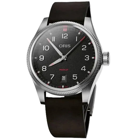 Oris ProPilot Date 41mm Leather Strap Watch with black dial, leather strap, steel case
