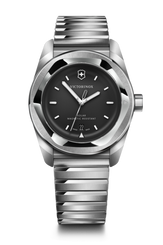 Silver Victorinox watch with black dial on a white background