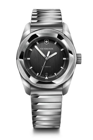 Silver Victorinox watch with black dial on a white background