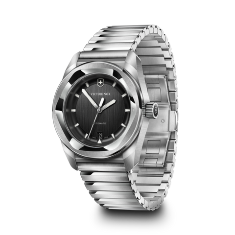 Silver Victorinox watch with black dial on a white background