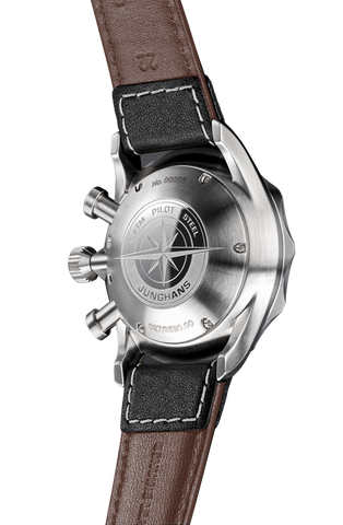 Junghans Meister Pilot Watch with black dial, leather strap, steel case