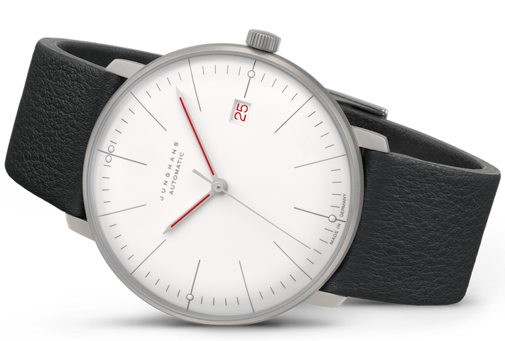 Junghans Max Bill Bauhaus Automatic Watch with white dial, leather strap, steel case