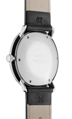 Junghans Max Bill Automatic Watch with black dial, leather strap, steel case