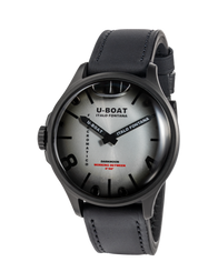 U-Boat watch with black leather strap on a white background