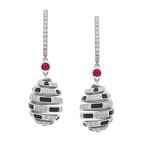 Faberge x Beetlejuice Beetlejuice 18ct White Gold Ruby & Black Enamel Spiral Earrings