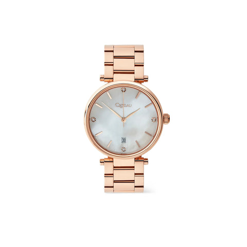 A rose gold women's watch with a round dial, mother-of-pearl style face, and a matching rose gold link bracelet, shown against a plain white background.