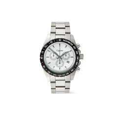 A silver stainless steel chronograph watch with a white dial, black tachymeter bezel, and three subdials, shown against a plain white background.