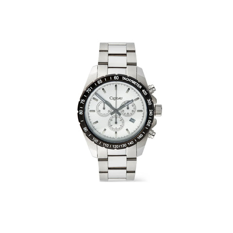 A silver stainless steel chronograph watch with a white dial, black tachymeter bezel, and three subdials, shown against a plain white background.