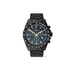 A black chronograph watch with a matching black link bracelet, featuring a dark blue dial with rose gold-tone hands and indices, and a black tachymeter bezel.