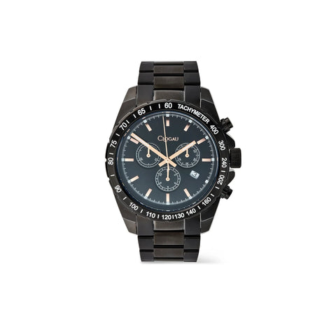 A black chronograph watch with a matching black link bracelet, featuring a dark blue dial with rose gold-tone hands and indices, and a black tachymeter bezel.