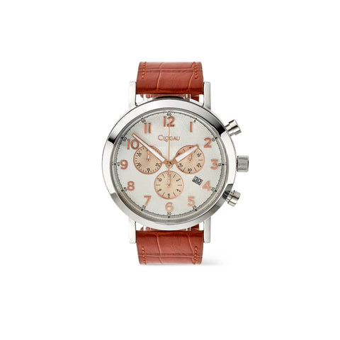 A Qiqiao chronograph watch with a silver-tone case, cream-colored dial with rose-gold accents, and a brown leather strap, shown against a plain white background.