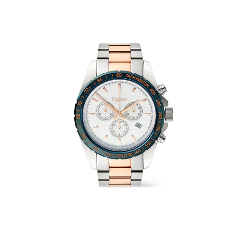 A Cagali men's two-tone chronograph watch with a silver and rose gold metal link bracelet, a white dial, and a dark blue bezel.