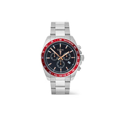 A Clogau chronograph watch with a silver stainless steel case and bracelet, featuring a black dial with rose gold-tone hands and markers, and a red tachymeter bezel.