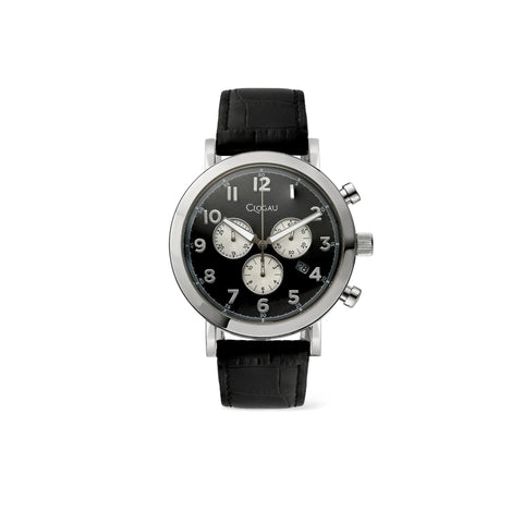 A Cigau chronograph watch with a black leather strap, a silver-toned case, and a black dial featuring three white sub-dials.