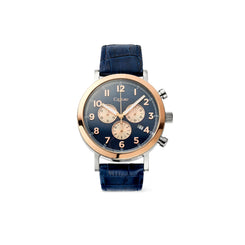 A Cigouau chronograph watch featuring a dark blue leather strap, a rose gold-tone case, and a dark blue dial with beige sub-dials and numerals, shown against a plain white background.