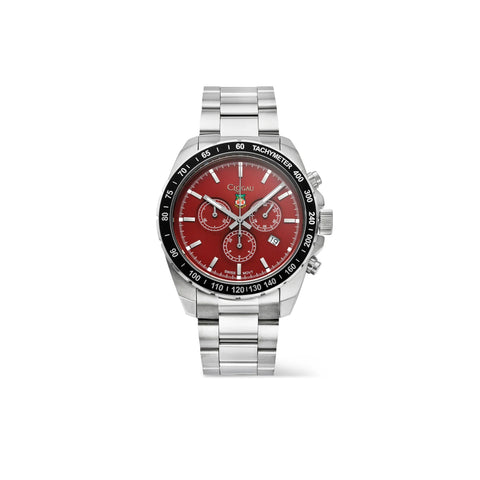 A stainless steel chronograph watch with a red dial and a black tachymeter bezel, shown on a clean white background.