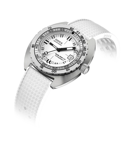 A DOXA automatic watch with a silver stainless steel case, white dial, and textured white silicone strap, shown on a clean white background with a soft shadow.