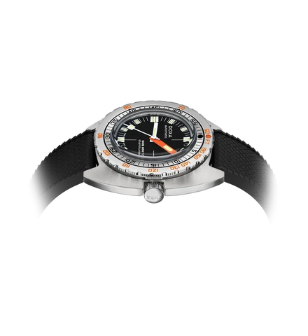 A close-up of a dial steel watch with a black bezel, black dial, orange accents, and a black textured strap, shown against a white background with a soft shadow.