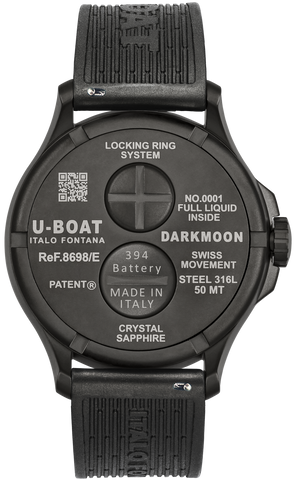 Black U-Boat watch with detailed text on the dial against a white background