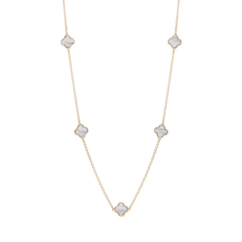 9ct Rose Gold White Mother of Pearl Bloom Four Leaf Clover Ball Edge Necklace