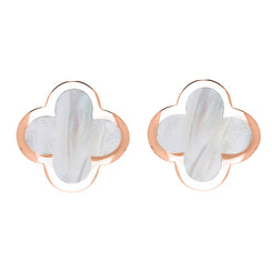 9ct Rose Gold WHITE MOP Bloom Four Leaf Clover Stud Earrings, E2465