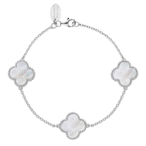 9ct White Gold WHITE MOP Bloom Four Leaf Clover Ball Edge Chain Bracelet