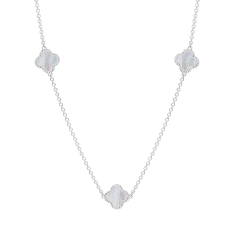 9ct White Gold White Mother of Pearl Bloom Four Leaf Clover Ball Edge Necklace