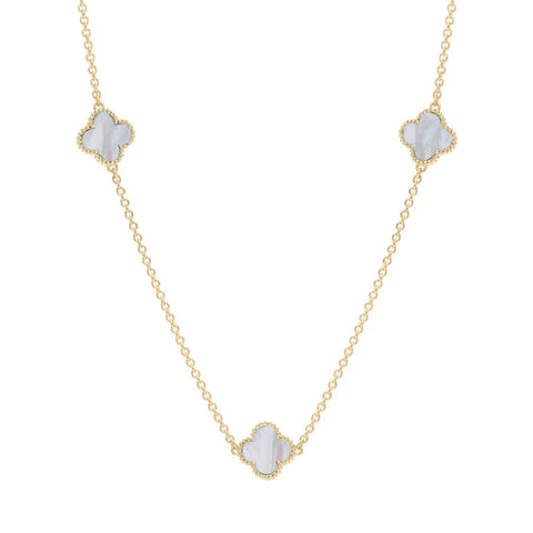 9ct Yellow Gold White Mother of Pearl Bloom Four Leaf Clover Ball Edge Necklace