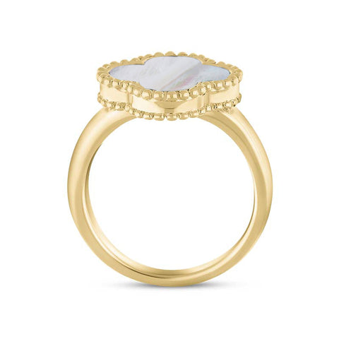 9ct Yellow Gold White Mother of Pearl Bloom Four Leaf Clover Ball Edge Ring