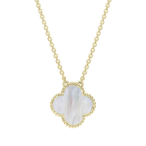 9ct Yellow Gold WHITE MOP Bloom Large Four Leaf Clover Ball Edge Chain Necklet, N1043
