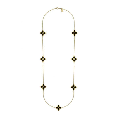 9ct Yellow Gold Whitby Jet Bloom Long Flower Ball Edge Necklace, N1157