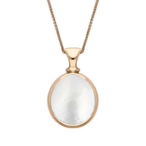 9ct Rose Gold Blue John White Mother Of Pearl Small Double Sided Pear Fob Necklace, P220.