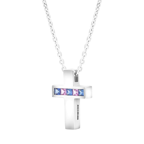 9ct White Gold Pink Blue Sapphire Cross Pendant Necklace D