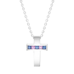 9ct White Gold Pink Blue Sapphire Cross Pendant Necklace, P711.