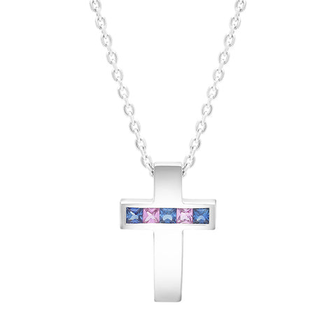 9ct White Gold Pink Blue Sapphire Cross Pendant Necklace, P711.