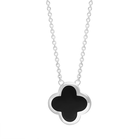 18ct White Gold Whitby Jet Bloom Large Four Leaf Clover Polished Edge Pendant