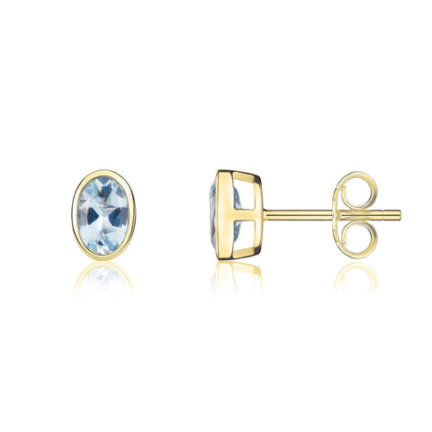 9ct Yellow Gold Aquamarine 6x4mm Oval Rub Over Set Stud Earrings