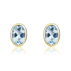 9ct Yellow Gold Aquamarine 6x4mm Oval Rub Over Set Stud Earrings. 33-25-002.