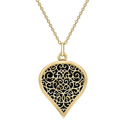 9ct Yellow Gold Whitby Jet Flore Filigree Large Heart Necklace. P3631.