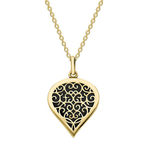 9ct Yellow Gold Whitby Jet Flore Filigree Medium Heart Necklace. P3630.